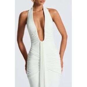 BABYBOO Rosetta White Maxi Dress Halter Neck Ruched Plunge Size Large New w/ Tag